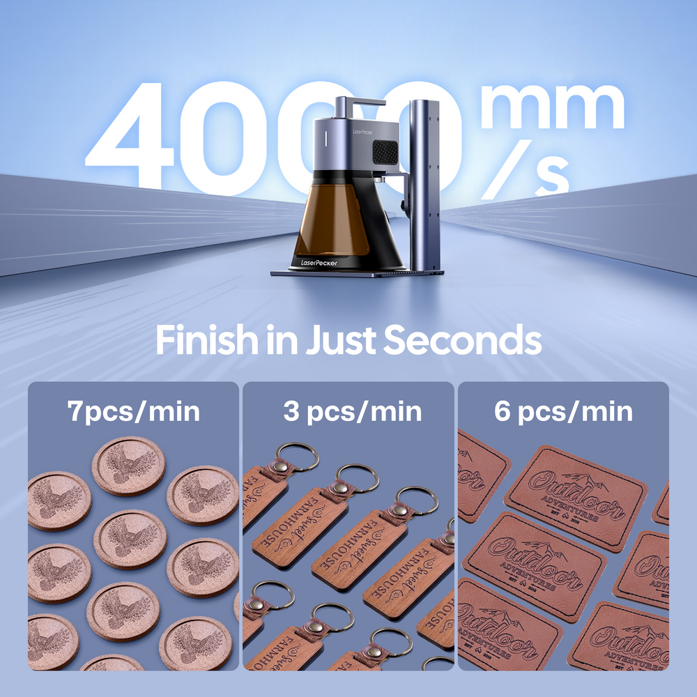 LaserPecker laser engraver with 4000mm/s high-speed engraving, showcasing productivity with up to 7 wooden coasters, 3 keychains, or 6 leather tags per minute, with the slogan 