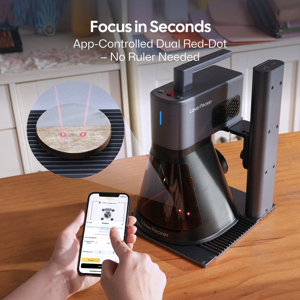 LaserPecker laser engraver featuring app-controlled dual red-dot focusing, enabling precise alignment in seconds without a ruler, with the slogan 