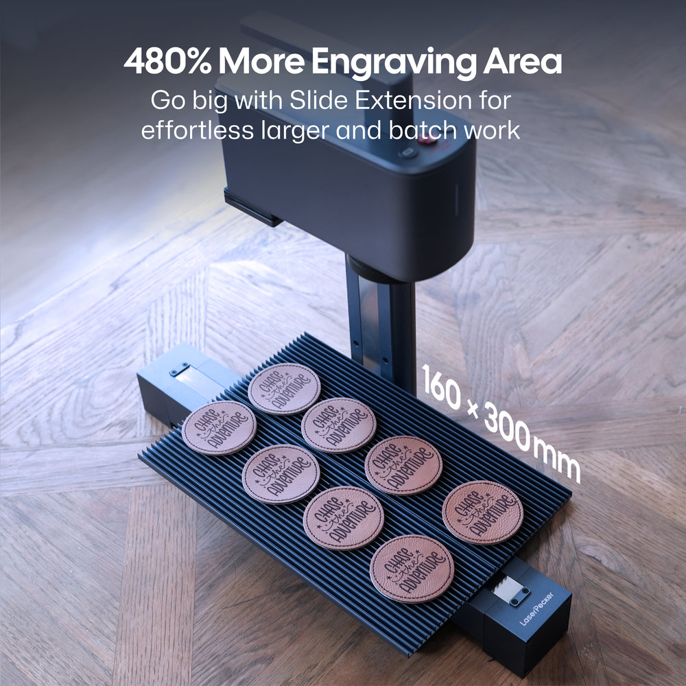 LaserPecker Slide Extension delivering 480% more engraving area (160¡Á300mm), enabling effortless large-format and batch engraving, demonstrated with multiple leather coasters.