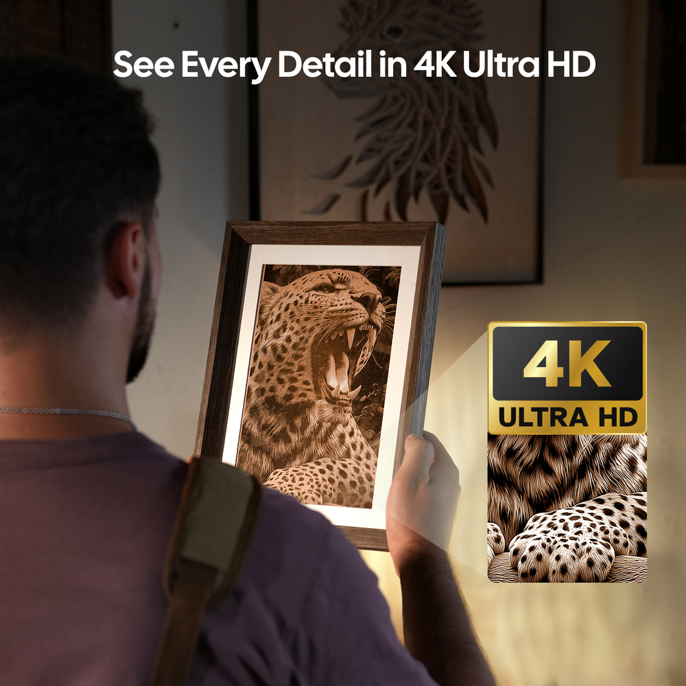 LaserPecker laser engraver showcasing a 4K Ultra HD detailed engraving of a leopard, with the slogan 