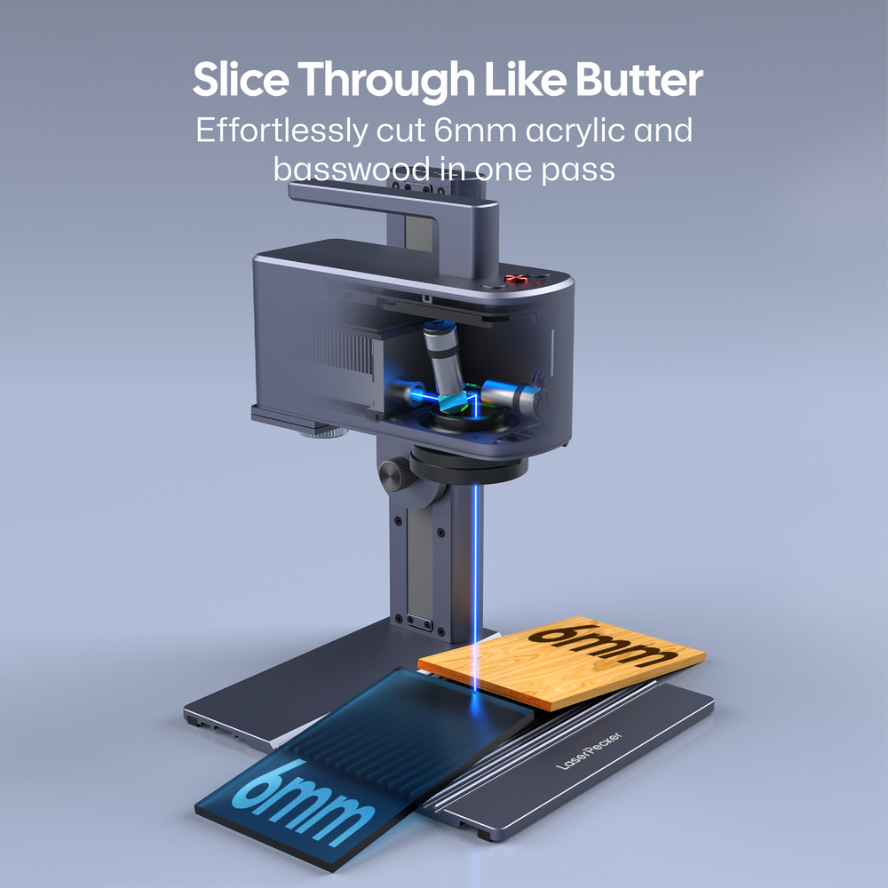 LaserPecker laser engraver demonstrating its powerful cutting capability, effortlessly slicing through 6mm acrylic and basswood in one pass, with the slogan 
