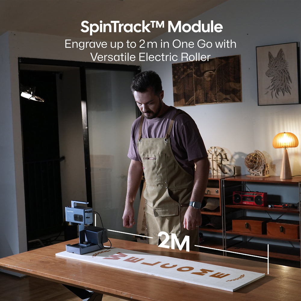 LaserPecker SpinTrack? Module, featuring a versatile electric roller that enables engraving up to 2 meters in a single pass, demonstrated on a long wooden workpiece.