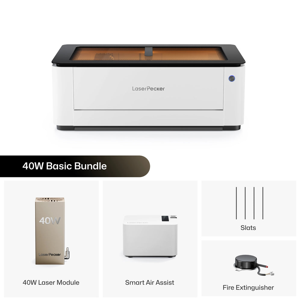 LaserPecker 40W Basic Bundle, including the main laser cutting machine, 40W laser module, Smart Air Assist, slats, and a fire extinguisher, providing a complete, safe, and high-performance engraving solution.