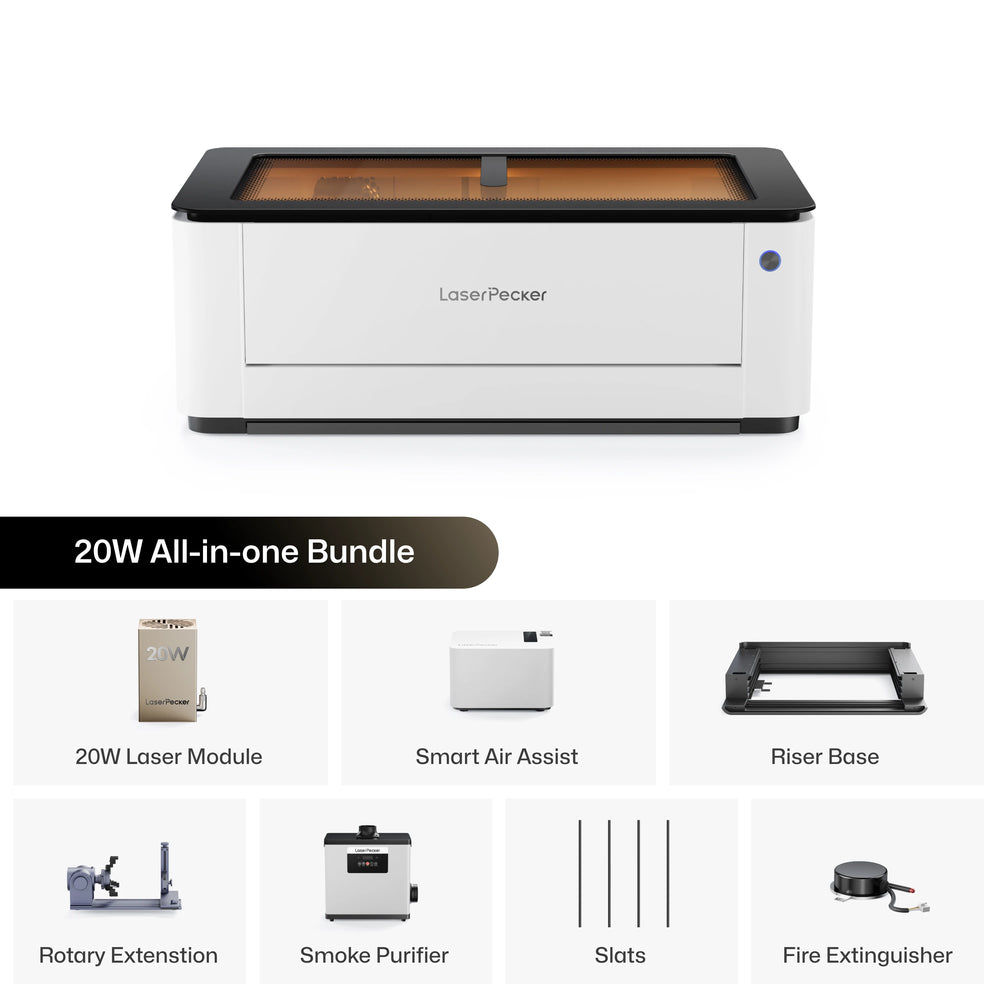 LaserPecker 20W All-in-one Bundle, including the main laser cutting machine, 20W laser module, Smart Air Assist, Riser Base, Rotary Extension, Smoke Purifier, slats, and a fire extinguisher, offering a complete entry-level solution for safe and versatile engraving on both flat and curved surfaces.