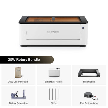LaserPecker 20W Rotary Bundle, including the main engraver machine, 20W laser module, Smart Air Assist, Riser Base, Rotary Extension, slats, and a fire extinguisher, providing an entry-level solution for engraving both flat and curved surfaces.