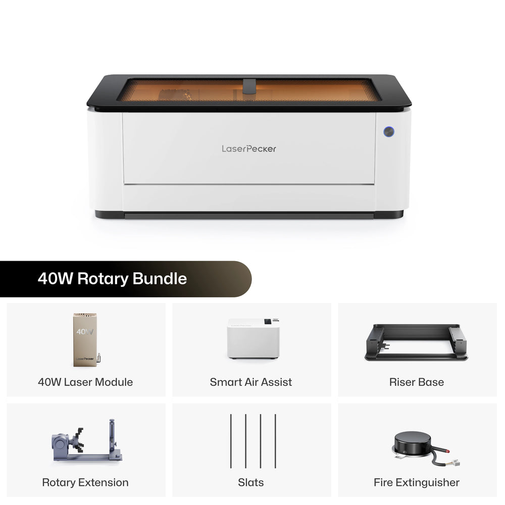 LaserPecker 40W Rotary Bundle, including the main laser cutting machine, 40W laser module, Smart Air Assist, Riser Base, Rotary Extension, slats, and a fire extinguisher, providing a complete solution for engraving both flat and curved surfaces.