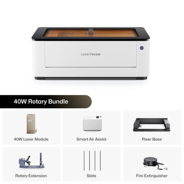 LaserPecker 40W Rotary Bundle, including the main engraver machine, 40W laser module, Smart Air Assist, Riser Base, Rotary Extension, slats, and a fire extinguisher, providing a complete solution for engraving both flat and curved surfaces.
