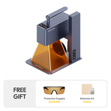 LaserPecker portable laser engraver, featuring a compact, foldable design and an amber safety shield, bundled with free gifts: protective goggles (worth $49.99) and a 2-piece materials kit, perfect for on-the-go engraving projects.