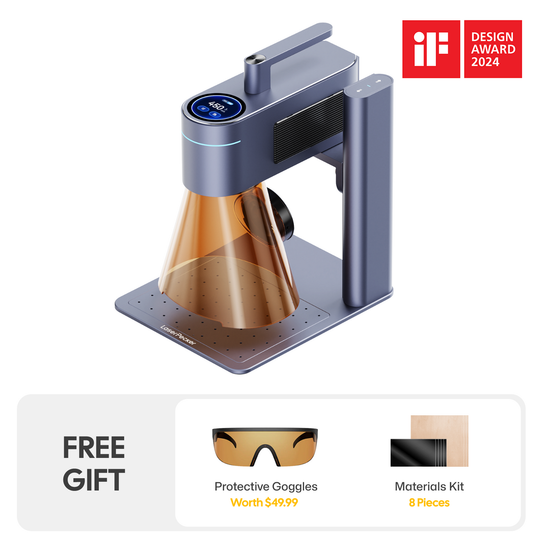 LaserPecker laser engraver lp4, winner of the 2024 iF Design Award, with a free gift of protective goggles (worth $49.99) and an 8-piece materials kit.