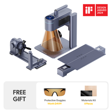Award-winning LaserPecker LP4 laser engraver complete bundle, including the main unit, rotary attachment, and extended engraving table, plus a free gift of protective goggles (worth $49.99) and an 8-piece materials kit.