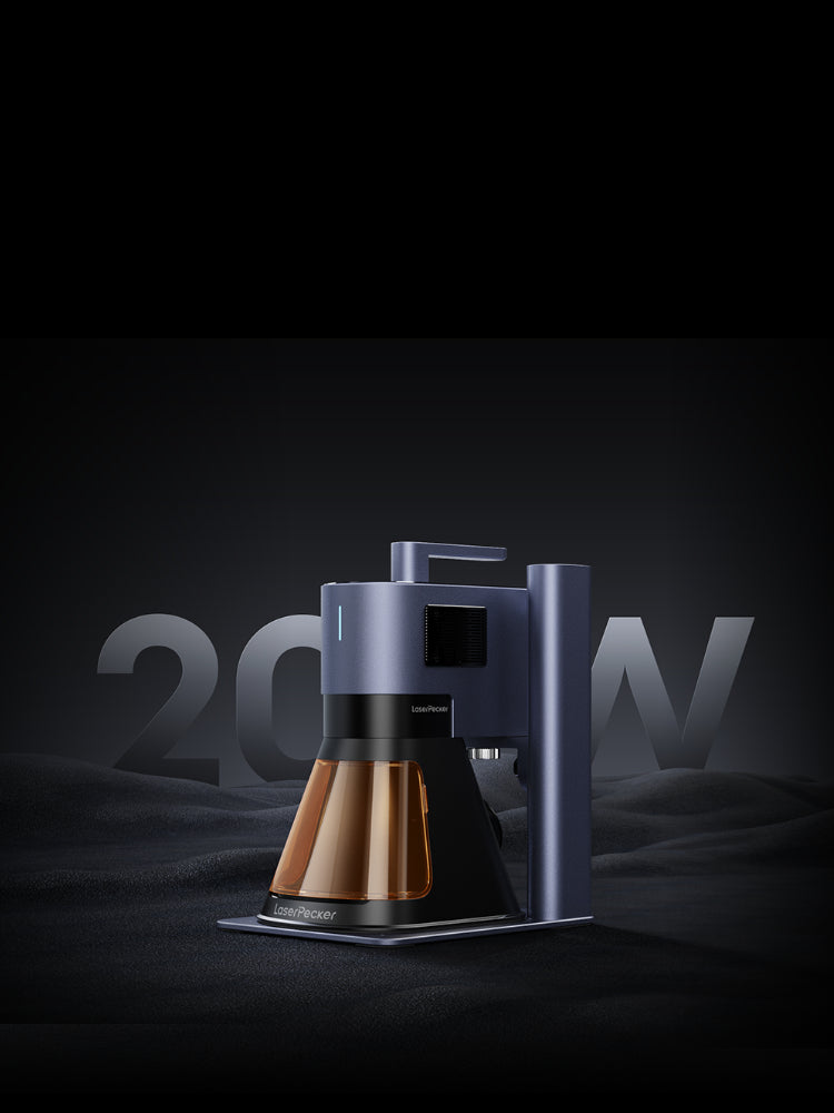 LaserPecker LP5 product hero image: The 20W Fiber + Diode Dual Laser Engraver displayed against a dark textured background.