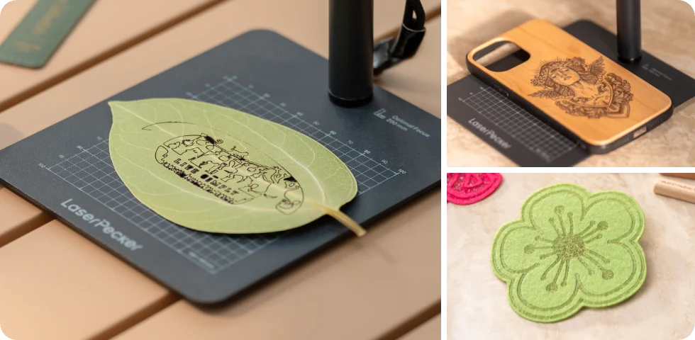 Intricate leaf art created with LP1 Plus laser engraver, showcasing eco-friendly DIY decor and organic material etching.