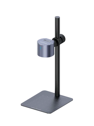 LaserPecker LP1 Plus standard package contents: 210g laser engraving module and multi-angle adjustable stand with baseplate, plus safety goggles, USB-C cable, ruler, and test materials.