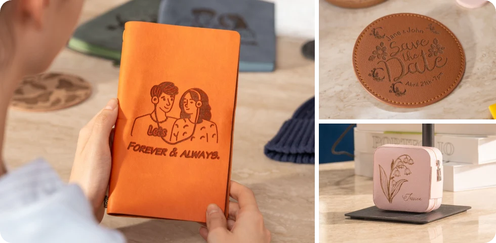 Close-up of a leather journal cover featuring detailed laser-etched designs made by the LP1 Plus precision laser engraver.