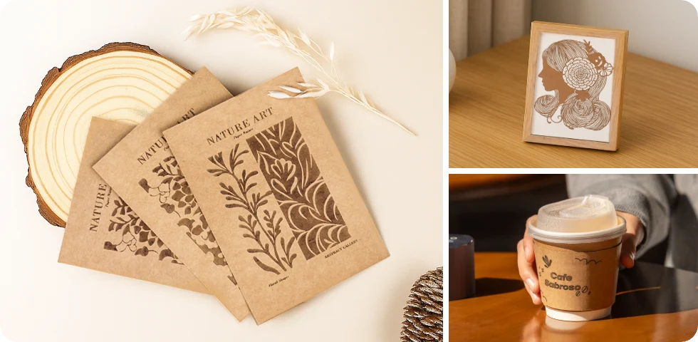 LP1 Plus laser engraver etching patterns onto thick kraft paper for retro-style paper crafts.