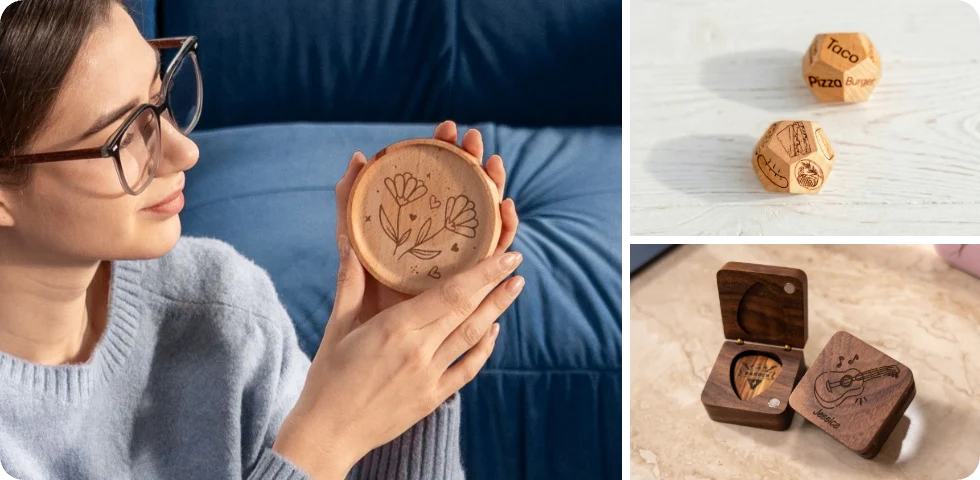 Customized wooden coasters with floral patterns made by LP1 Plus, perfect for personalized gifts.