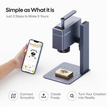 LaserPecker desktop engraver with a 3-step workflow (Connect Smoothly, Create Freely, Turn Your Creation into Reality), paired with a smartphone app for easy design and engraving of a custom metal bar.
