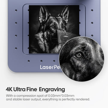 LaserPecker's 4K Ultra Fine Engraving showcases a detailed German Shepherd portrait, rendered with a 0.03mm*0.03mm laser spot for exceptional clarity and texture.