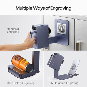 LaserPecker engraver showcasing its four versatile engraving modes: Handheld Engraving for surfaces like cabinet doors, 360° Rotary Engraving for cylindrical objects, and Multi-angle Engraving for slanted or uneven surfaces.