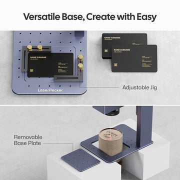 LaserPecker engraver with a versatile base, featuring an adjustable jig for securing flat items like business cards and a removable base plate for engraving on elevated or cylindrical objects, enabling flexible and precise positioning.