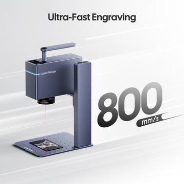 LaserPecker desktop engraver highlighting its ultra-fast 800 mm/s engraving speed, ideal for efficient, high-volume projects.