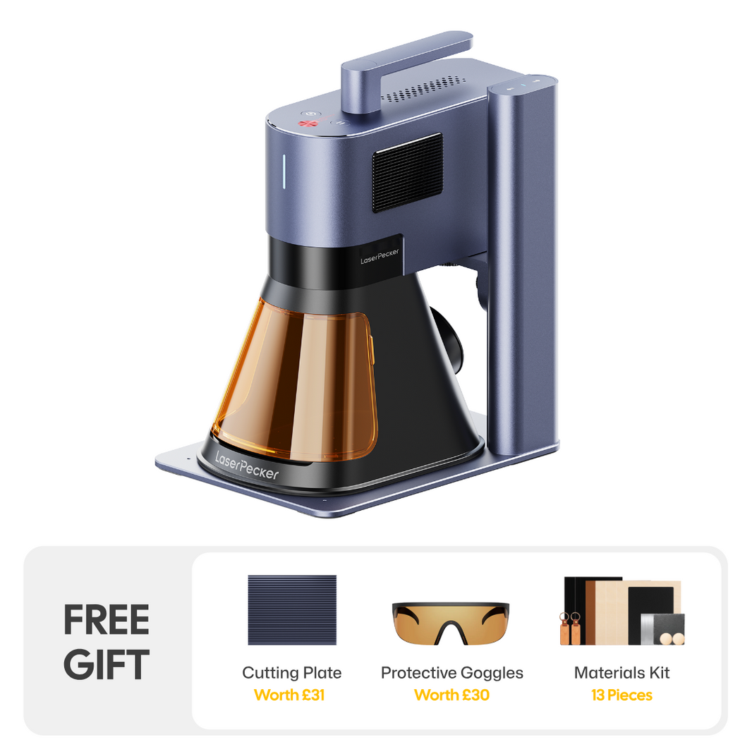 LaserPecker laser engraver machine in blue-gray, with a gift bundle including a cutting plate, protective goggles, and a 13-piece materials kit.