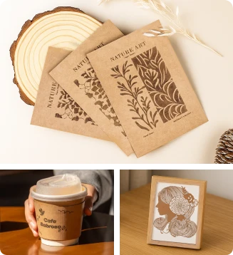 LP1 Plus laser engraver etching patterns onto thick kraft paper for retro-style paper crafts.