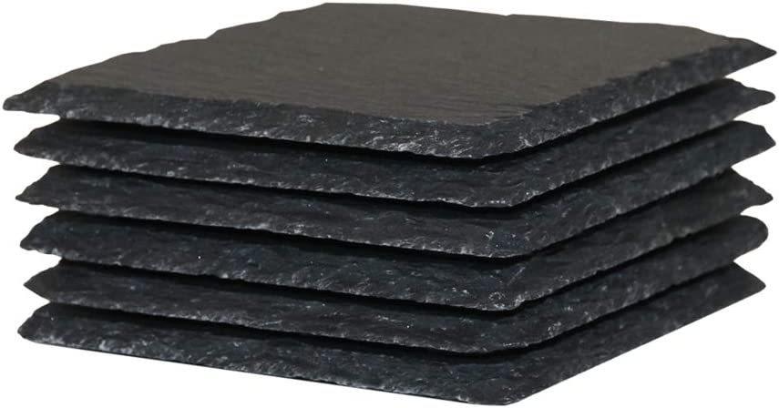 6 Pack Square Black Slate Stone Cup Coasters for Drink Bar Kitchen Home