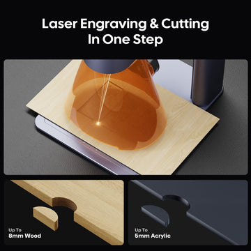 LaserPecker laser engraver performing one-step engraving and cutting, demonstrating its ability to cut up to 8mm wood and 5mm acrylic, with the slogan "Laser Engraving & Cutting In One Step".