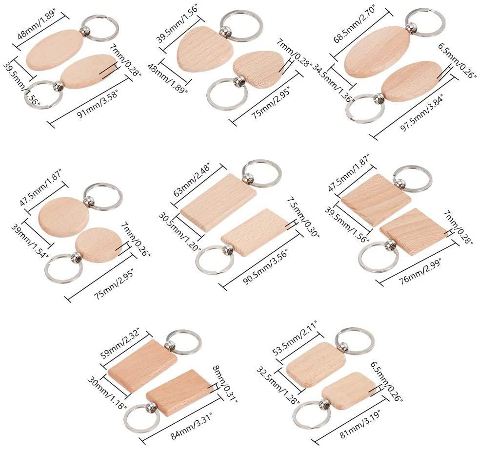 Natural Wooden Blank Keychain Wood - Round, Square, Heart, Oval (1 pack = 8 pcs)