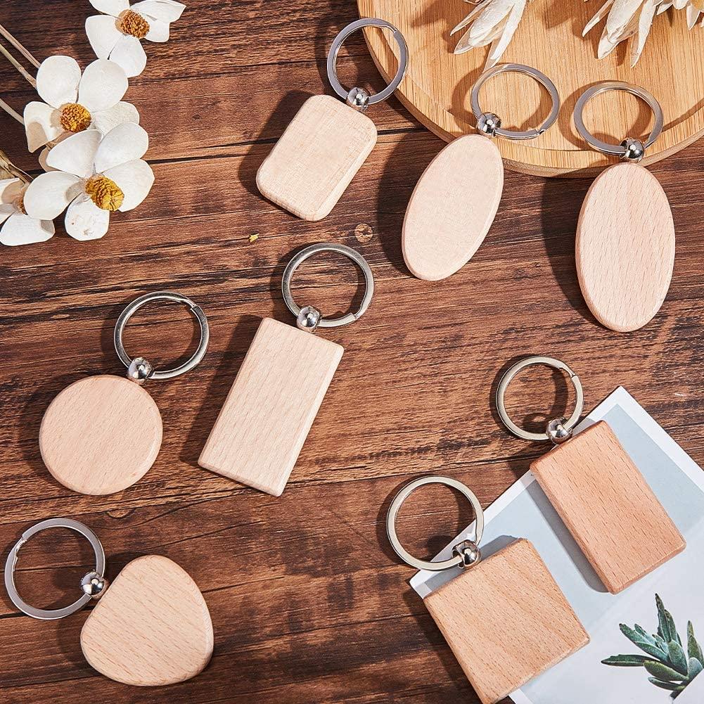 Natural Wooden Blank Keychain Wood - Round, Square, Heart, Oval (1 pack = 8 pcs)